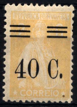 1281.jpg -     Lote:    1281            Portugal       Descrição:         1928/29 &mdash; Ceres, com sobretaxa. CE467, 40C s/ 2C amarelo claro. Selo com barramento tipo IX, Valor de catálogo &euro; 29,40.        **       Valor Base:     &euro; 8,00     Valor Venda:     Retirado     