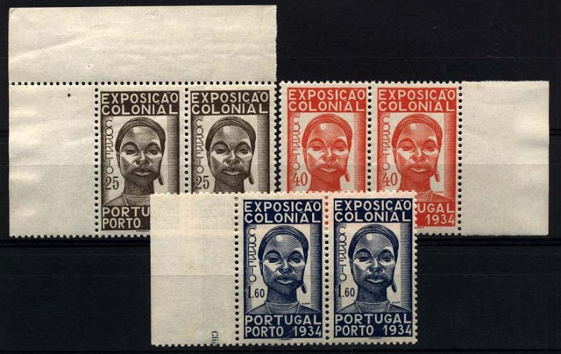 1302.jpg -     Lote:    1302            Portugal       Descrição:         1934 &mdash; 1.ª Exposição Colonial Portuguesa. CE561/63. Série completa em pares, bordos e cantos de folha. Valor de catálogo &euro; 416,00.        ***       Valor Base:     &euro; 75,00     Valor Venda:     Retirado     