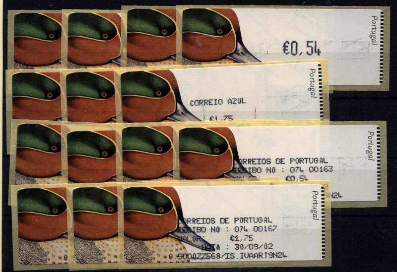 1377.jpg -     Lote:    1377            Portugal       Descrição:         2000 &mdash; Marrequinho. Máquina CROUZET. CE ETQ22A. Série completa para o correio ordinário e correio azul, com as taxas para o ano de 2002 em Euros, com recibos.         ETQ       Valor Base:     &euro; 10,00     Valor Venda:     &euro; 14,00     