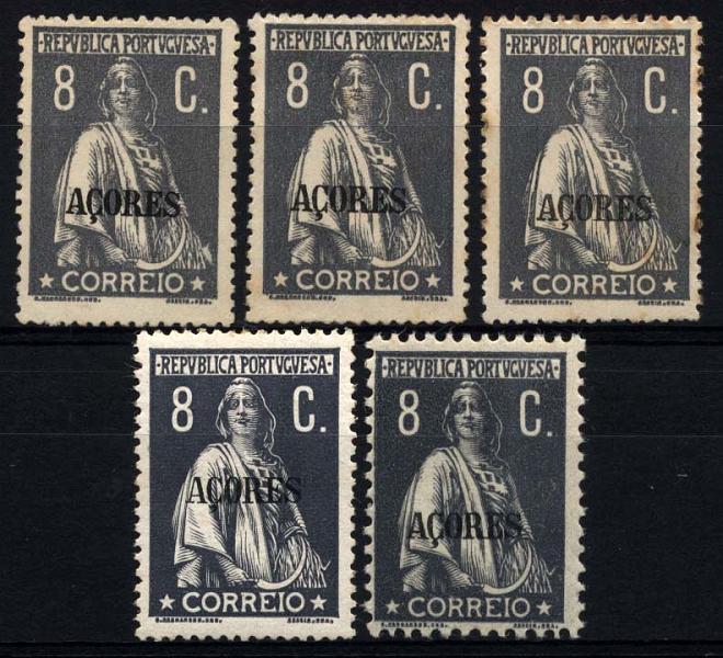 1442.jpg -     Lote:    1442            Açores       Descrição:         1912/13 -  Ceres. Selos do Continente com sobrecarga "Açores". CE157, 8 ctvs ardósia / cinzento. Conjunto de cinco selos, quatro em denteado 15x14 (três em papel pontinhado e um em papel porcelana) e um selo em denteado 12 x11 &frac12;, papel acetinado, não catalogado neste denteado.         */**       Valor Base:     &euro; 12,00     Valor Venda:     Retirado     
