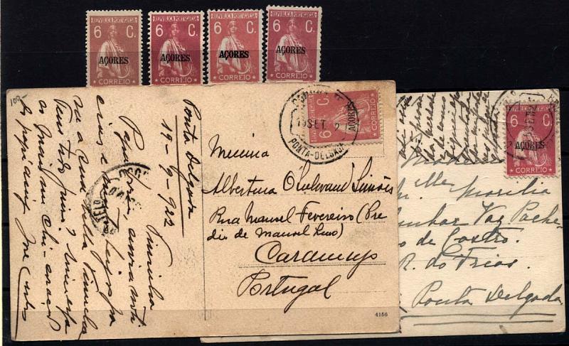 1449.jpg -     Lote:    1449            Açores       Descrição:         1918/21 &mdash; Ceres. Selos do Continente com sobrecarga "Açores". CE171, 6C lilás rosa. Lote composto por 4 selos isolados, 1 em denteados 15x14 e 3 em 12x11 &frac12;, + dois postais ilustrados circulados com selos nos dois denteados.        **/PI       Valor Base:     &euro; 10,00     Valor Venda:     Retirado     