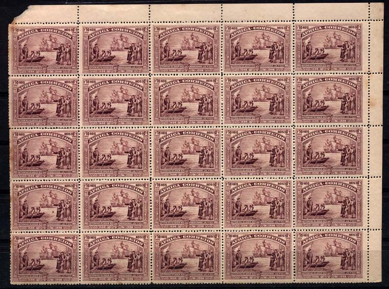 1485.jpg -     Lote:    1485            África       Descrição:         África. 1898 &mdash; 4.º Centenário do Descobrimento do Caminho Marítimo para a Índia. CE3, 10 reis violeta. Bloco canto de folha com 25 selos. Muito raro em blocos.        ***       Valor Base:     &euro; 30,00     Valor Venda:     &euro; 85,00     