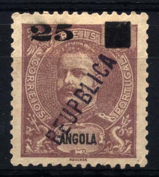 1501.jpg -     Lote:    1501            Angola       Descrição:         1912 &mdash; D. Carlos I, com sobretaxa e sobrecarga REPUBLICA local. CE117, 25 s/ 75 reis castanho violeta com a variedade REUPBLICA. Valor de catálogo &euro; 150.00.        *       Valor Base:     &euro; 30,00     Valor Venda:     Retirado     