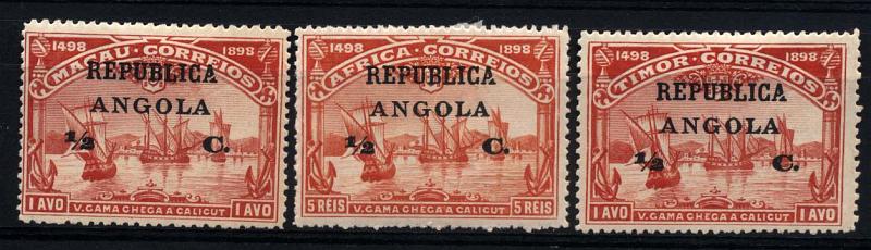 1503.jpg -     Lote:    1503            Angola       Descrição:         1913 &mdash; 4.º Centenário do Descobrimento do Caminho Marítimo para a Índia, com sobrecarga REPUBLICA e sobretaxa, sobre selos de Macau. CE126, &frac12; C s/ 1 avo vermelho. Lote de 3 selos com fenda no "A" (perna direita na intersecção do traço horizontal) de REPUBLICA". MR.        **       Valor Base:     &euro; 20,00     Valor Venda:     &euro; 20,00     