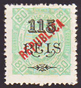 1504.jpg -     Lote:    1504            Angola       Descrição:         1914 &mdash; D. Carlos I tipo Diogo Neto, emissão de 1902, com sobrecarga REPUBLICA tipografada localmente. CE170, 115 s/ 80 reis verde claro, denteado 12 &frac12;. Valor de catálogo &euro; 228,00.        *       Valor Base:     &euro; 45,00     Valor Venda:     &euro; 110,00     