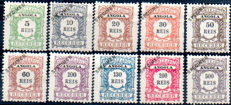 1528.jpg -     Lote:    1528            Angola       Descrição:         1904 &mdash; Porteado. Emissão regular. CE POR 1/10. Série completa com selos originais distribuídos com as reimpressões de 1905, com sobrecarga oblíqua a preto "SPECIMEN". MB e R.        **       Valor Base:     &euro; 75,00     Valor Venda:     &euro; 160,00     