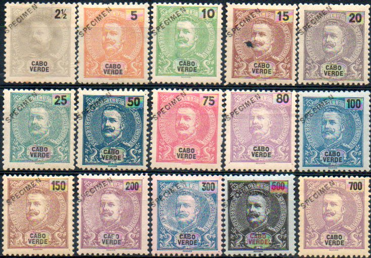1532.jpg -     Lote:    1532            Cabo Verde       Descrição:         1898/1905 &mdash; D. Carlos I tipo Mouchon. CE37/51. Série completa com selos originais distribuídos com as reimpressões de 1905, com sobrecarga oblíqua a preto "SPECIMEN". MB e R. Lote a ver.        **       Valor Base:     &euro; 150,00     Valor Venda:     &euro; 300,00     
