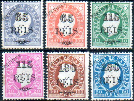 1533.jpg -     Lote:    1533            Cabo Verde       Descrição:         1902 &mdash; D. Luís I, fita direita. CE53/58. Lote de 6 com selos originais distribuídos com as reimpressões de 1905, com sobrecarga oblíqua a preto "SPECIMEN". Muito leve sinal de charneira. MB e R. Lote a ver.        **       Valor Base:     &euro; 60,00     Valor Venda:     &euro; 130,00     