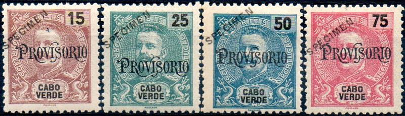 1535.jpg -     Lote:    1535            Cabo Verde       Descrição:         1902/03 &mdash; D. Carlos I tipo Mouchon, com sobrecarga "PROVISÓRIO". CE73/76. Série completa com selos originais distribuídos com as reimpressões de 1905, com sobrecarga oblíqua a preto "SPECIMEN". MB e R. Lote a ver.        **       Valor Base:     &euro; 50,00     Valor Venda:     &euro; 150,00     