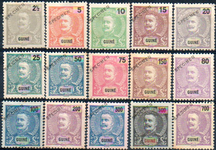 1542.jpg -     Lote:    1542            Guiné       Descrição:         1898/1901 &mdash; D. Carlos I tipo Mouchon. CE47/61. Série completa com selos originais distribuídos com as reimpressões de 1905, com sobrecarga oblíqua a preto "SPECIMEN". MB e R.        *       Valor Base:     &euro; 150,00     Valor Venda:     &euro; 260,00     