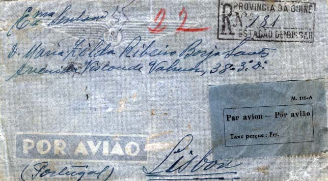 1549.jpg -     Lote:    1549            Guiné       Descrição:         1946 &mdash; Sobretaxa do Correio Aéreo. Legenda Taxe Perçue. Sobrescrito circulado registado por via área de Bissau para Lisboa com os selos arrancados no verso. Na frente tem etiqueta M. 115-A. Tipo não catalogado. MR.        Carta       Valor Base:     &euro; 30,00     Valor Venda:     &euro; 80,00     