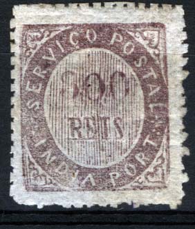 1553.jpg -     Lote:    1553            Índia       Descrição:         1873 &mdash; Nativos. Tipo IA. CE18, 300 reis violeta claro, em papel fino. Valor de catálogo &euro; 202,00.        **       Valor Base:     &euro; 50,00     Valor Venda:     &euro; 110,00     