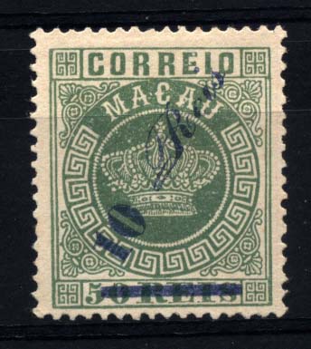 1568.jpg -     Lote:    1568            Macau       Descrição:         1885 &mdash; Tipo Coroa. Com sobretaxa. CE14, 10 s/ 50 reis verde, denteado 13 &frac12;. Valor de catálogo &euro; 104,00.        *       Valor Base:     &euro; 25,00     Valor Venda:     &euro; 220,00     