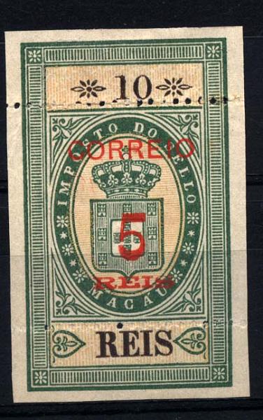 1570.jpg -     Lote:    1570            Macau       Descrição:         1887 &mdash; Selos fiscais, sobrecarregados e denteados. CE29, 5 s/ 10 reis verde amarelo. Selo completo. Valor de catálogo &euro; 119,00.        *       Valor Base:     &euro; 25,00     Valor Venda:     &euro; 95,00     