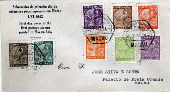 1621.jpg -     Lote:    1621            Macau       Descrição:         1942 &mdash; Padrões. CE317/324. FDC circulado em Macau (01.12.42) com série completa.        FDC       Valor Base:     &euro; 12,00     Valor Venda:     &euro; 80,00     