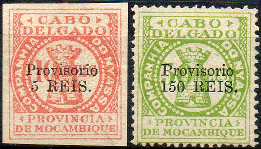 1685.jpg -     Lote:    1685            Companhia do Niassa       Descrição:         Cabo Delgado, com sobretaxa e sobrecarga PROVISÓRIO. Não emitidos e não catalogados. Lote de dois selos: um de 5 s/ 10 reis laranja não denteado e outro de 150 s/ 50 reis verde denteado.        **/O       Valor Base:     &euro; 10,00     Valor Venda:     &euro; 32,00     