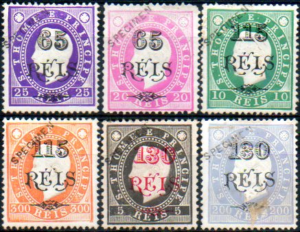 1698.jpg -     Lote:    1698            S. Tomé e Príncipe       Descrição:         1902 &mdash; D. Luís I, com sobretaxa. CE61/62, 64/65 e 66/67. Lote de 6 selos originais distribuídos com as reimpressões de 1905, com sobrecarga oblíqua a preto "SPECIMEN". Selos com pontos de óxido no verso. Lote a ver.        **       Valor Base:     &euro; 50,00     Valor Venda:     &euro; 110,00     