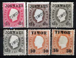 1711.jpg -     Lote:    1711            Timor       Descrição:         1892 &mdash; D. Luís I. Fita direita, com sobretaxa. Emitidos sem goma. CE2&frac12;4. Série completa + repetições de CE23/24 (tonalidades). Valor de catálogo &euro; 50,60.        *       Valor Base:     &euro; 14,00     Valor Venda:     &euro; 22,00     