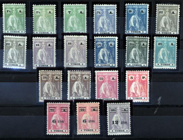1728.jpg -     Lote:    1728            Timor       Descrição:         1923 &mdash; Ceres + Ceres com sobretaxa. CE192/203 + CE204/205. Duas séries completas + repetições (tonalidades). Valor de catálogo &euro; 180,10.        **       Valor Base:     &euro; 40,00     Valor Venda:     &euro; 85,00     