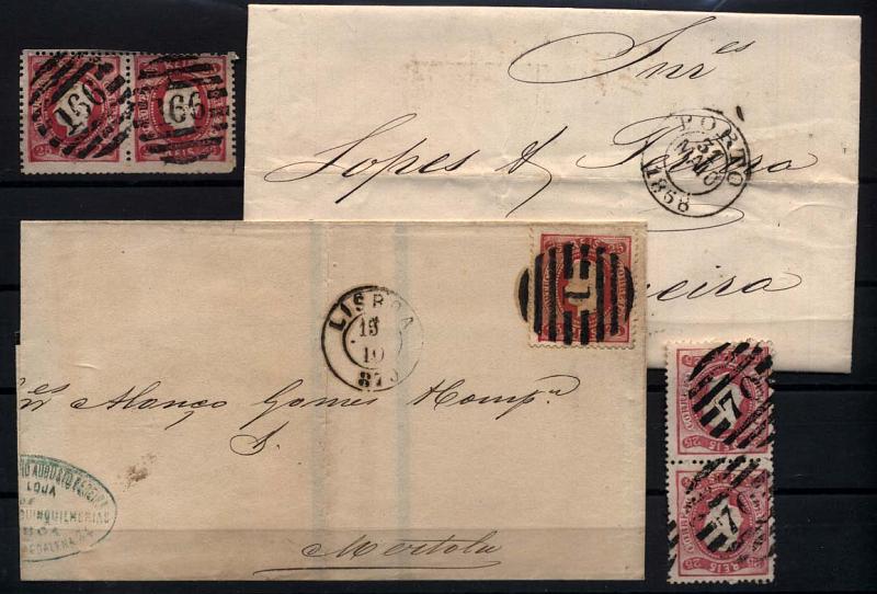 1748.jpg -     Lote:    1748            Portugal       Descrição:         Carimbos numéricos da 2.ª reforma. 1867/70 &mdash; D. Luís I, fita curva denteados. CE30, 25 reis carmim. Lote composto por dois pares de selos obliterados com carimbos batido a preto: "70 &mdash; SANTO THYRSO" e "166 &mdash; CASTELLO BRANCO" + duas cartas circuladas com numéricos "1 &mdash; LISBOA" e "52 &mdash; PORTO".        Lote       Valor Base:     &euro; 20,00     Valor Venda:     &euro; 24,00     