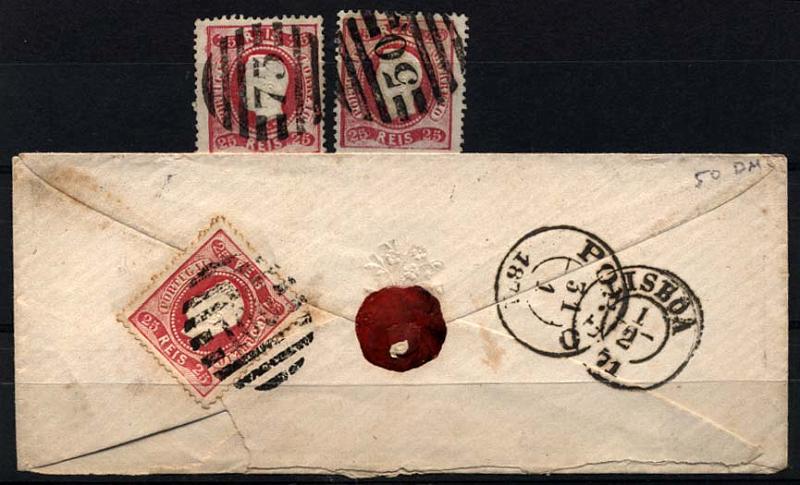 1749.jpg -     Lote:    1749            Portugal       Descrição:         Carimbos numéricos da 2.ª reforma. 1867/70 &mdash; D. Luís I. Fita curva, denteados. CE30, 25 reis carmim. Lote composto por dois selos, com carimbos batidos a preto 50 &mdash; BRAGA e 73 &mdash; VILA DO CONDE + carta circulada de Bragança (28.01.71) para Lisboa 01.02.71) com trânsito pelo Porto (31.01.71). Carimbo circulares datados batidos a preto + carimbo numérico 109 &mdash; BRAGANÇA.        Lote       Valor Base:     &euro; 15,00     Valor Venda:     &euro; 18,00     
