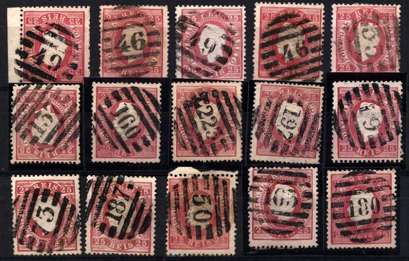 1750.jpg -     Lote:    1750            Portugal       Descrição:         Carimbos numéricos da 2.ª reforma. 1870/76 &mdash; D. Luís I, fita direita. CE40, 25 reis carmim. Lote composto por 15 selos obliterados com carimbos batidos a preto: 49 (2), 46 (2), 55, 137, 160, 223, 197, 19, 73, 187, 50, 163 e 180.        Lote       Valor Base:     &euro; 15,00     Valor Venda:     &euro; 30,00     