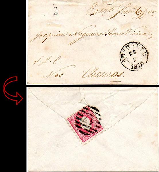 1752.jpg -     Lote:    1752            Portugal       Descrição:         Carimbos nominativos. 1870/76 &mdash; D. Luís I, fita direita. CE40, 25 reis carmim, denteado 12 &frac12;, papel liso, circulado no verso de sobrescrito remetido de Amarante (29.02.1872) para o Chouras. Carimbos batidos a preto "47 &mdash; 2.ª reforma" e "AMARANTE &mdash; circular datado)        Carta       Valor Base:     &euro; 15,00     Valor Venda:     Retirado     