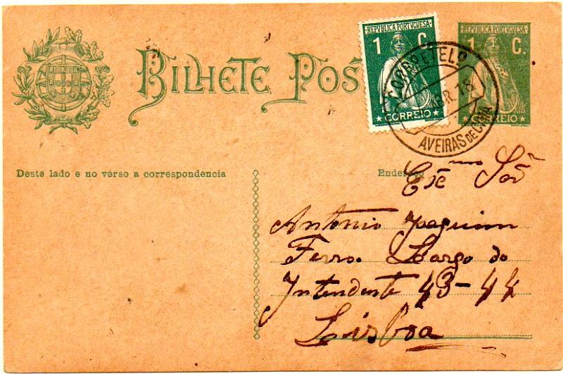1761.jpg -     Lote:    1761            Portugal       Descrição:         Carimbos circulares datados, tipo 1880. 1912 &mdash; Ceres. OM59, 1C verde escuro sobre cartolina camurça, circulado de Aveiras de Cima (04.04.15) para Lisboa. Carimbo batido a preto de AVEIRAS DE CIMA.        IC       Valor Base:     &euro; 10,00     Valor Venda:     &euro; 14,00     