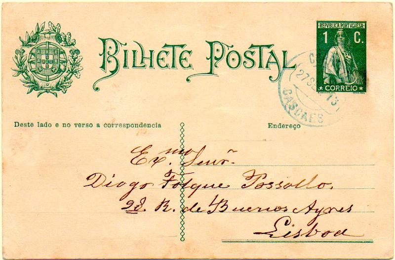1763.jpg -     Lote:    1763            Portugal       Descrição:         Carimbos circulares datados, tipo 1880. 1912 &mdash; Ceres. OM59, 1C verde escuro sobre cartolina creme, circulado de Cascais (27.09.13) para Lisboa. Carimbo batido a azul de CASCAES. MB e MR.        IC       Valor Base:     &euro; 20,00     Valor Venda:     Retirado     