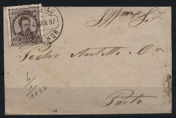 1764.jpg -     Lote:    1764            Portugal       Descrição:         Carimbos circulares datados. 1882/83 &mdash; D. Luís I de frente. CE57, 25 reis  castanho, sobre sobrescrito circulado de Castelo Melhor (04.01.87) para o Porto (05.01.87). Carimbo batido a preto de "CASTELLO MELHOR".        Carta       Valor Base:     &euro; 20,00     Valor Venda:     &euro; 26,00     