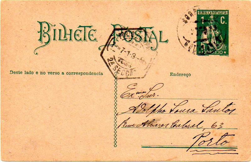 1767.jpg -     Lote:    1767            Portugal       Descrição:         Carimbos circulares datados, tipo 1880. 1912 &mdash; Ceres. OM56, 1C verde sobre cartolina camurça, circulado de Gouvinhas (05.07.913) para o Porto (07.07.13). Carimbo batido a preto de GOUVINHAS.        IC       Valor Base:     &euro; 20,00     Valor Venda:     Retirado     