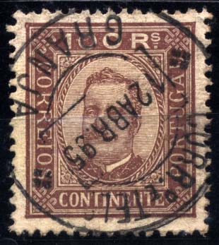 1768.jpg -     Lote:    1768            Portugal       Descrição:         Carimbos circulares datados tipo 1880. 1892/93 &mdash; D. Carlos I tipo Diogo Neto. CE73, 100 reis castanho, papel porcelana, denteado 12 &frac12;, obliterado com carimbo batido a preto de GRANJA (sem raridade atribuída por Gordon).        O       Valor Base:     &euro; 8,00     Valor Venda:     &euro; 18,00     