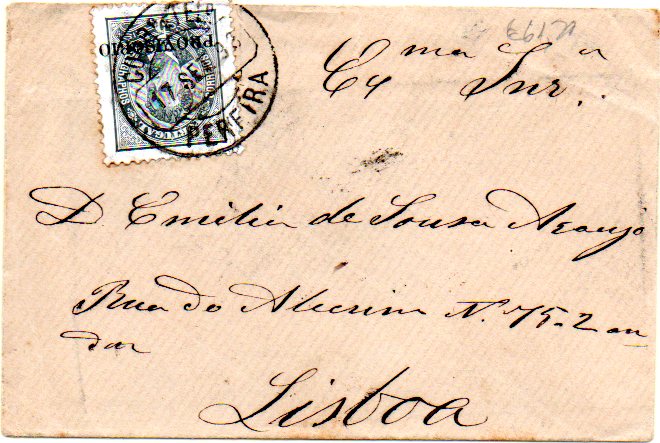 1773.jpg -     Lote:    1773            Portugal       Descrição:         Carimbos circulares datados, tipo 1880. 1892/93 &mdash; D. Luís I. Sobrecargas "PROVISÓRIO". Sobrescrito circulado aberto de Pereira (17.09.93) para Lisboa (18.09.93) com selo de 5 reis preto, sobrecarga a, denteado 11 &frac12;. Carimbo batido a preto de "PEREIRA".        Carta       Valor Base:     &euro; 20,00     Valor Venda:     &euro; 26,00     
