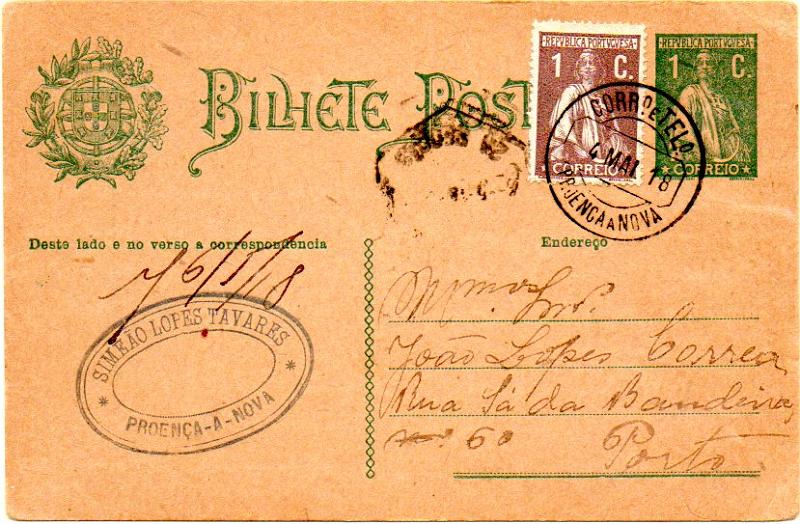 1775.jpg -     Lote:    1775            Portugal       Descrição:         Carimbos circulares datados, tipo 1880. 1912 &mdash; Ceres. OM59, 1C verde escuro sobre cartolina camurça, circulado de Proença a Nova (04.05.18) para o Porto com selo adicional tipo Ceres de 1C castanho. Carimbo batido a preto de PROENÇA A NOVA.        IC       Valor Base:     &euro; 10,00     Valor Venda:     &euro; 10,00     