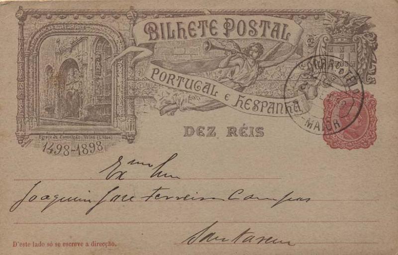 1777.jpg -     Lote:    1777            Portugal       Descrição:         1898 &mdash; 4.º Centenário do Descobrimento do Caminho Marítimo para a Índia. OM29F, 10 reis rosa carmim, circulado de Rio Maior (30.09.98 para Santarém (30.09.98). Carimbo batido a preto de RIO-MAIO.        IC       Valor Base:     &euro; 6,00     Valor Venda:     &euro; 8,00     
