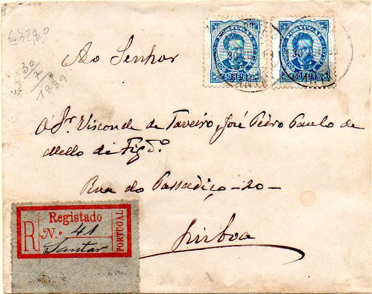 1778.jpg -     Lote:    1778            Portugal       Descrição:         Carimbos circulares datados, tipo 1880. 1882/83 &mdash; D. Luís I. De frente. Sobrescrito circulado registado de Santar (30.07.89) para Lisboa (31.07.89) com dois selos de 50 reis azul, denteado 11 &frac12;, papel porcelana. Carimbo batido preto de "SANTAR".        Carta       Valor Base:     &euro; 20,00     Valor Venda:     &euro; 55,00     