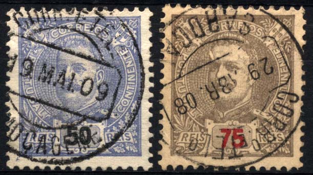1779.jpg -     Lote:    1779            Portugal       Descrição:         Carimbos circulares datados tipo 1880. 1898/1905 &mdash; D. Carlos I. Lote de 2 selos de 50 e 75 reis CE142 e 144, obliterados com carimbos batidos a preto de ALMOÇAGEME e SARDOAL. MB.        O       Valor Base:     &euro; 10,00     Valor Venda:     &euro; 28,00     