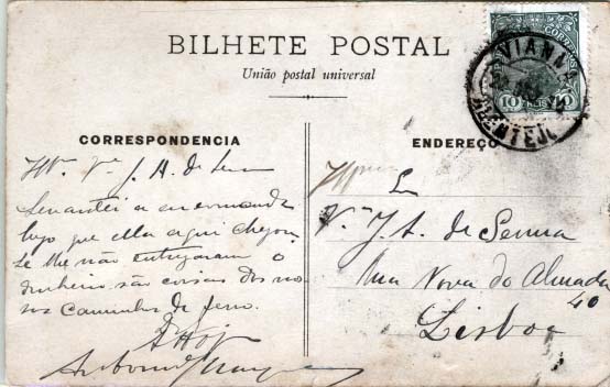 1780.jpg -     Lote:    1780            Portugal       Descrição:         Carimbos circulares datados. 1910 &mdash; D. Manuel II. CE158, 10 reis verde, circulado em postal ilustrado de Viana do Alentejo (22.12.10) para Lisboa. Carimbo batido a preto "VIANNA / ALEMTEJO".        PI       Valor Base:     &euro; 8,00     Valor Venda:     &euro; 10,00     