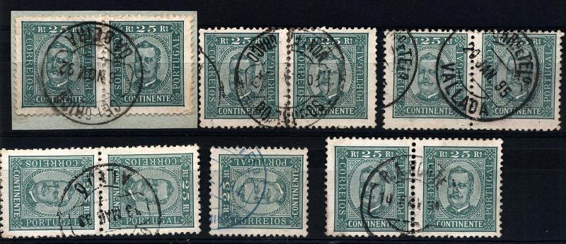 1781.jpg -     Lote:    1781            Portugal       Descrição:         Carimbos circulares datados, tipo 1880. 1892/93 &mdash; D. Carlos I, tipo Diogo Neto. CE70, 25 reis verde, denteado 11 &frac12;, papel porcelana. Lote composto por 5 pares + selo isolado, obliterados com CCD's batidos a preto de: CELORICO / DA BEIRA, SOBRAL DO / MONTE AGRAÇO, VALLADA, ALIJÓ, MINAS DE S. DOMINGOS (azul) e R.A. NORTE.        Lote       Valor Base:     &euro; 15,00     Valor Venda:     &euro; 15,00     