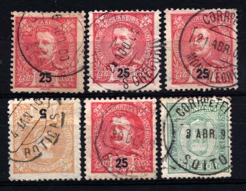 1782.jpg -     Lote:    1782            Portugal       Descrição:         Carimbos circulares datados tipo 1880. Lote de 6 selos (1 D. Carlos Diogo Neto e 5 D. Carlos Mouchon), obliterados com carimbos batidos a preto "DELÃES", "S. GREGORIO", "MONTALEGRE", "BOTICAS"x2 e "SOITO".        Lote       Valor Base:     &euro; 12,00     Valor Venda:     &euro; 32,00     