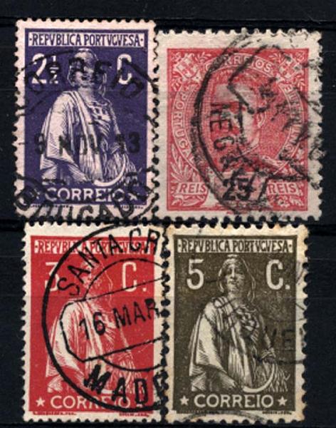 1783.jpg -     Lote:    1783            Portugal       Descrição:         Carimbos circulares datados tipo 1880. Lote de 4 selos (1 D. Carlos Mouchon + 3 Ceres), obliterados com carimbos batidos a preto "BOUGADO", "NEGRELOS", SANTA CRUZ / MADEIRA" e "TURQUEL".        Lote       Valor Base:     &euro; 12,00     Valor Venda:     &euro; 14,00     