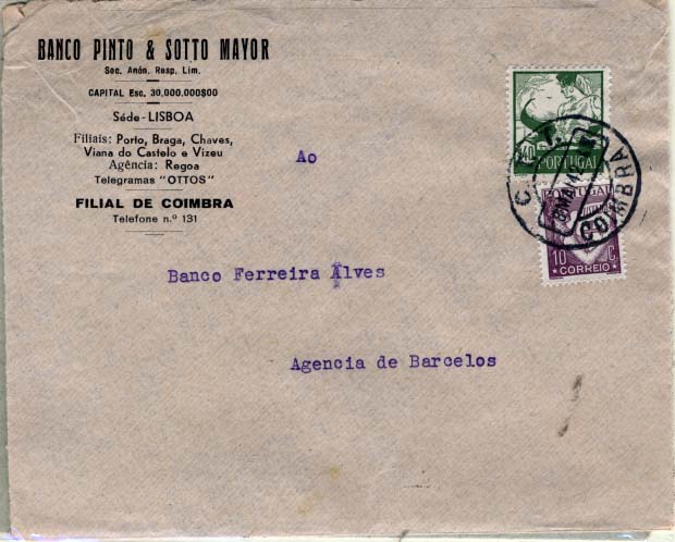 1788.jpg -     Lote:    1788            Portugal       Descrição:         Carimbos circulares datados tipo 1940. Lote de dois sobrescritos circulados de Coimbra (Maio e Junho de 1942) para Barcelos com carimbos batidos a preto "COIMBRA". Tipos diferentes.        Carta       Valor Base:     &euro; 6,00     Valor Venda:     &euro; 10,00     