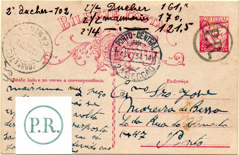 1794.jpg -     Lote:    1794            Portugal       Descrição:         Carimbos da Posta Rural. 1931 &mdash; Lusíadas. OM80, 25C carmim sobre cartolina branca, circulado de Caminha (13.09.34) para o Porto (14.09.34). Marca P.R. batida a verde azul. MB e MR..        IC       Valor Base:     &euro; 75,00     Valor Venda:     &euro; 90,00     