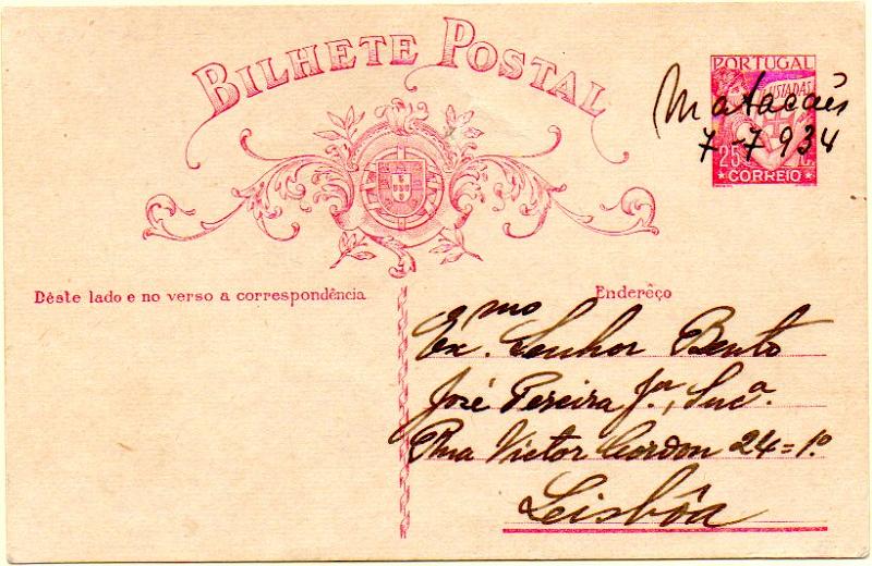 1796.jpg -     Lote:    1796            Portugal       Descrição:         Obliterações manuscritas. 1931 &mdash; Lusíadas. OM80, 25C carmim sobre cartolina branca, circulado de Matacães (07.07.34) para Lisboa. Obliteração manuscrita a preto "MATACÃES / 7-7-934".        IC       Valor Base:     &euro; 100,00     Valor Venda:     &euro; 170,00     