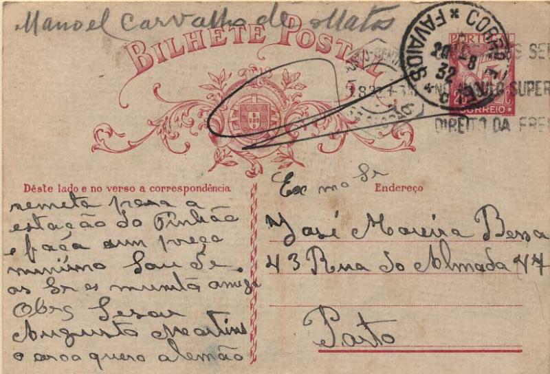 1797.jpg -     Lote:    1797            Portugal       Descrição:         Carimbos tipo francês &mdash; Inteiro postal de 25c tipo Lusíadas OM80, circulado de Favaios (20.08.32) para o Porto (21.08.32) obliterado com carimbo batido a preto "FAVAIOS". MB e R.        IC       Valor Base:     &euro; 10,00     Valor Venda:     &euro; 12,00     