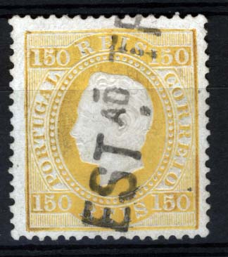 1798.jpg -     Lote:    1798            Portugal       Descrição:         Carimbos da telegrafia Eléctrica. 1879/80 &mdash; D. Luís I. Fita direita. Novas cores. CE51, 150 reis amarelo, denteado 13 &frac12;, papel porcelana, obliterado com carimbo linear ser moldura, batido a preto "ESTAO TE.CA. Selo com muito ligeiro adelgaçamento num dente. Ex-Felino. MB e MR.        O       Valor Base:     &euro; 50,00     Valor Venda:     Retirado     