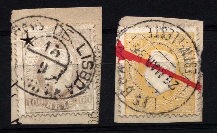 1800.jpg -     Lote:    1800            Portugal       Descrição:         Marcofilia diversa. 1870/1880 &mdash; D. Luís I fita direita. Lote de dois selos: um de 100 reis e outro de 150 reis obliterados respectivamente com carimbo oval de LISBOA e circular tipo 1880 de EST. NE E LESTE, ambos batidos a preto. Selo de 150 reis com inutilização da Telegrafia (traço a vermelho manuscrito).        FRG       Valor Base:     &euro; 10,00     Valor Venda:     &euro; 10,00     