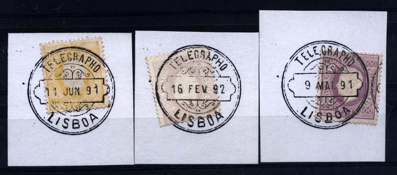 1801.jpg -     Lote:    1801            Portugal       Descrição:         Carimbos da telegrafia eléctrica. Lote de 3 selos tipo D. Luís I fita direita, das taxas de 100, 300 e 150 reis (amarelo), obliterados com carimbos batidos a preto "TELEGRAPHO / LISBOA".        Lote       Valor Base:     &euro; 20,00     Valor Venda:     Retirado     