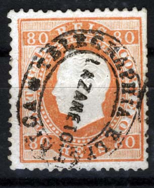 1805.jpg -     Lote:    1805            Portugal       Descrição:         Carimbos da telegrafia eléctrica. 1870/76 &mdash; D. Luís I. Fita direita. CE42, 80 reis laranja, denteado 12 &frac12;, obliterado com carimbo batido a preto TELEGRAPHIA ELECTRICA / LAZARETO. MB.        O       Valor Base:     &euro; 20,00     Valor Venda:     Retirado     