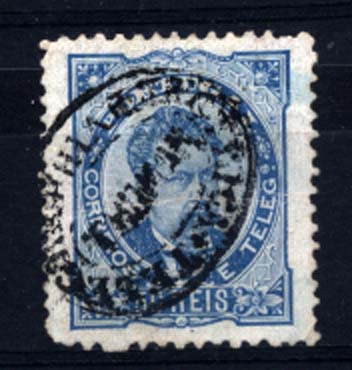 1807.jpg -     Lote:    1807            Portugal       Descrição:         Carimbos da telegrafia eléctrica. 1882/83 &mdash; D. Luís I. De frente. CE58, 50 reis azul, denteado 12 &frac12;, papel liso. Selo obliterado com carimbo batido a preto "TELEGRAPHIA ELECTRICA / THOMAR".        O       Valor Base:     &euro; 15,00     Valor Venda:     &euro; 26,00     
